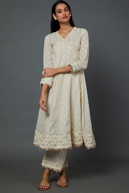 Off-White Cotton Embroidered Angrakha Kurta Set