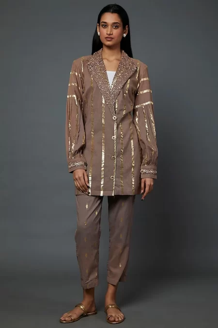 Brown Cotton Embellished Kurta Set